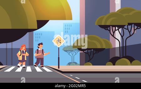 schoolchildren crossing road on crosswalk with signboard road safety concept horizontal cityscape background Stock Vector