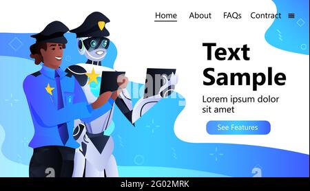 police robot with african american patrol man cops in uniform using tablet pc artificial intelligence technology Stock Vector