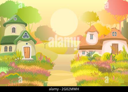 Village of gnomes. Fabulous town with cute little houses. Road. Beautiful  cartoon landscape. Summer and autumn. Childrens illustration. Flat design  Stock Vector Image & Art - Alamy