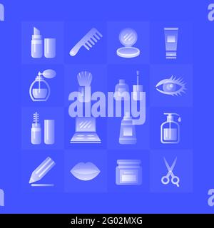 Cosmetics gradient icons set on blue background. Stock Vector