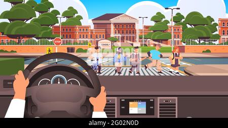 driver holding the steering wheel and waiting schoolchildren crossing road on crosswalk near school building road safety Stock Vector