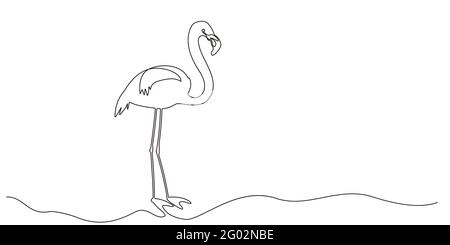 Self drawing flamingo bird one line. Simple continuous one black line drawing of tropical bird flamingo on white background. Trendy summer design. Vec Stock Vector