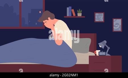 Insomnia at night, sleep mental disorder vector illustration. Cartoon unhappy tired person awake in fear, sad exhausted young man sitting in bed after stress nightmare, sleepless night background Stock Vector