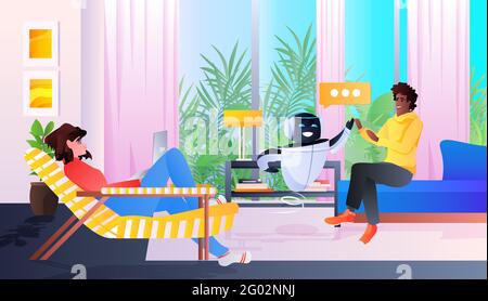 mix race couple controlling home robot artificial intelligence technology concept living room interior Stock Vector