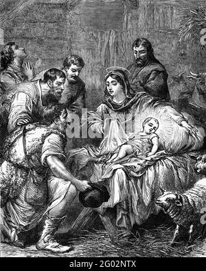 An engraved vintage illustration image of the Nativity of Jesus Christ, from a Victorian book dated 1881 that is no longer in copyright Stock Photo