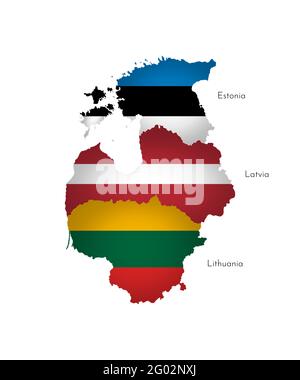 Vector illustration with isolated silhouettes of Baltic States on map (simplified shapes). National flags of Lithuania, Latvia, Estonia. White backgro Stock Vector