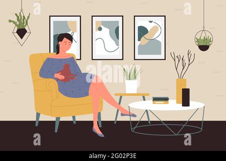 People spend time with pet at home vector illustration. Cartoon happy young woman sitting in comfortable armchair with cat in modern Scandinavian living room interior, pet owner hugging kitten Stock Vector