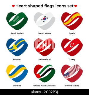 Heart shaped flags icons set. Icon flag from Ribbon curls. Vector icon, symbol, button. Illustration in flat style Stock Vector