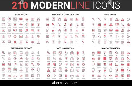 Building construction, home appliances electronic devices, gps navigation thin red black line icon vector illustration set. Outline professional 3d modeling engineering process, education technology Stock Vector