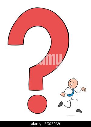 Stickman businessman character afraid of the huge question mark and runs away, vector cartoon illustration. Black outlined and colored. Stock Vector