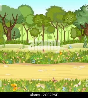 Forest road. Summer landscape. Dense foliage. Views of hills and green trees. Nature illustration. Cartoon flat style. Meadow of a flower meadow Stock Vector