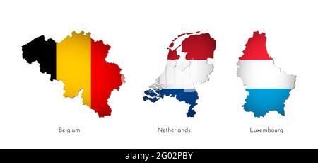 Vector illustration set with isolated silhouettes of Benelux Union maps (simplified shapes). National flags of Belgium, Netherlands, Luxembourg. White Stock Vector
