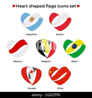 Heart shaped flags icons set. Icon flag from Ribbon curls. Vector icon, symbol, button. Illustration in flat style Stock Vector