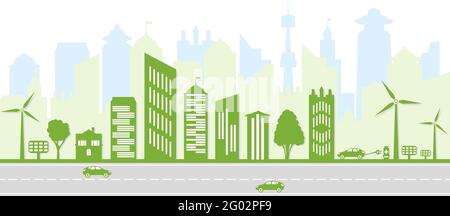 Ecological city and environment conservation. Green city silhouette with trees, wind energy and solar panels. Electric vehicles and charging station. Stock Vector
