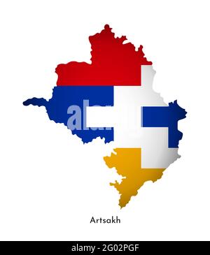 Vector illustration with Artsakh (Nagorno-Karabakh Republic) national flag with shape of this map (simplified). Volume shadow on the map. Stock Vector