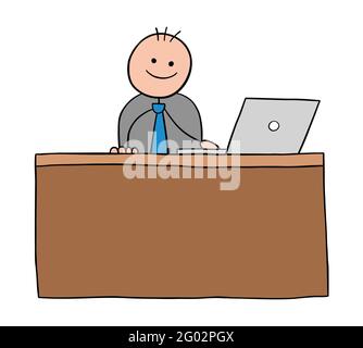 Stickman businessman character happy and sitting at the desk, vector cartoon illustration. Black outlined and colored. Stock Vector