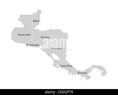 Vector illustration with simplified map of Central America region. Grey silhouettes, white outline of states' borders. Stock Vector