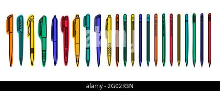 Stationary collections. Colored pens and pencils on white background. Outline vector illustration Stock Vector