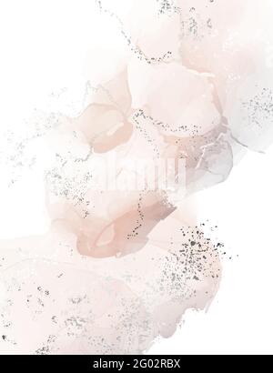 Abstract coral pink silver watercolor marble texture white background. Ink splashing digital paper hand drawn texture, vertical  template Stock Vector
