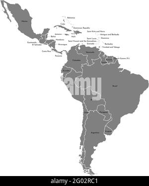 Vector illustration with map of South America continent and part of Central America. Grey silhouettes, white grey background. Stock Vector