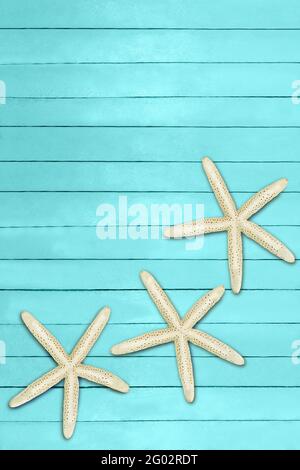 Aquamarine, turquoise, blue boards with starfish. Travel, summer, spring background. Pier, beach. Marine flat lay. Copy space Stock Photo