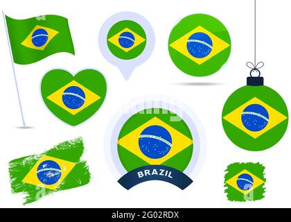 brazil flag vector collection. big set of national flag design elements in different shapes for public and national holidays in flat style. Stock Vector