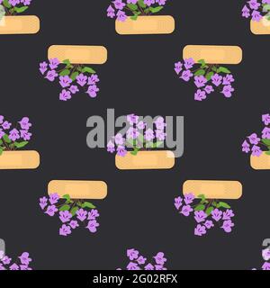 Seamless pattern with sticking plasters and purple flowers. Medical patch repeat texture. Stock Vector