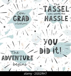 Graduation seamless pattern with flying hats and inspirational lettering. Vector background for graduation party or ceremony invitation, greeting card Stock Vector