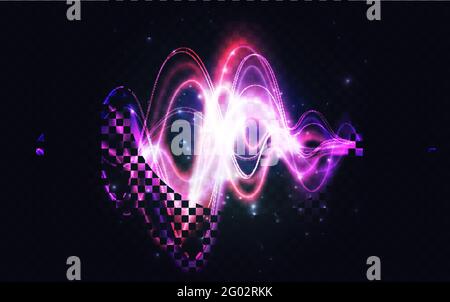 Abstract spectrum sound wave, glowing light effect motion vector illustration. Neon graph diagram energy element for music design, frequency volume pattern technology on dark transparent background Stock Vector
