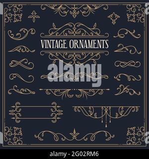 Vector vintage ornaments - decorative borders, dividers, vignettes, flourishes, frame. Set of golden design elements isolated on dark background. Stock Vector