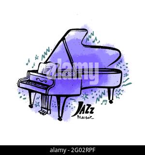 Hand-drawn piano. Jazz music concept. Ink style vector illustration with a violet watercolor stain on white background Stock Vector