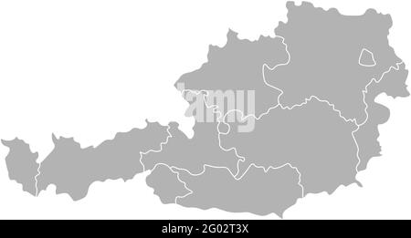 Vector isolated illustration of simplified administrative map of Austria. Borders of the provinces (regions). Grey silhouettes. White outline. Stock Vector