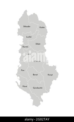 Vector isolated illustration of simplified administrative map of Albania. Borders and names of the provinces (regions). Grey silhouettes. White outlin Stock Vector