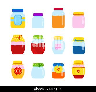 Big set of jars for homemade jam or juice. Jar with labels and empty ones, of various shapes and sizes. Stock Vector