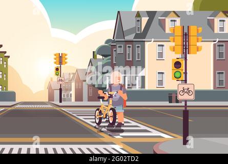 schoolgirl with bicycle crossing road on crosswalk road safety concept horizontal cityscape background Stock Vector