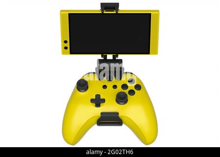 Realistic yellow joystick for playing games on mobile phone on white background Stock Photo