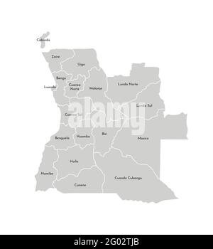 Vector isolated illustration of simplified administrative map of Angola. Borders and names of the provinces (regions). Grey silhouettes. White outline Stock Vector