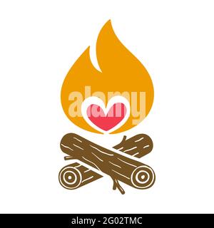 Campfire creative vector icon with a heart symbol, isolated on background. Stock Vector