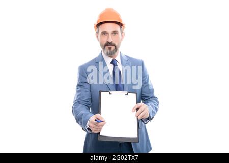 ceo with construction documents. mature boss with clipboard. copy space. Stock Photo