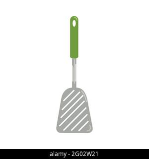 Metal kitchen spatula for turning fried food with plastic green handle, kitchen utensils, vector object in flat style, isolate Stock Vector