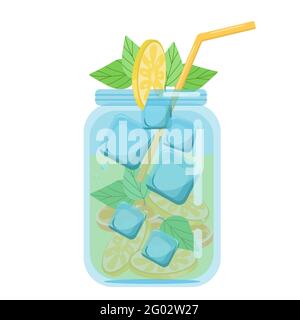 Soft drinks, fruit smoothies with lemon and mint, carbonated soft drink in a glass jar, vector object in flat style on a white background Stock Vector