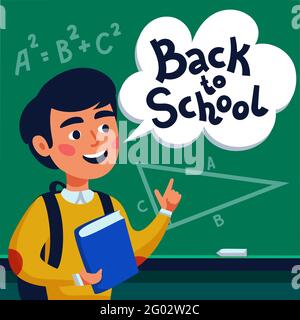 Boy pupil in front of a blackboard. Happy child holding book and speech bubble with back to school text. Flat style vector illustration Stock Vector