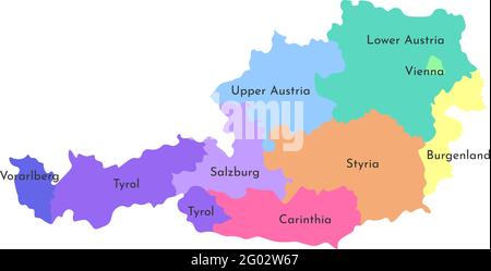 Vector isolated illustration of simplified administrative map of Austria. Borders and names of the regions. Multi colored silhouettes. Stock Vector