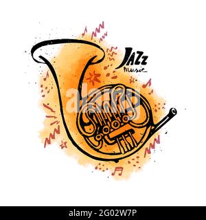 Hand-drawn French horn. Wind music instruments. Jazz music concept. Ink style vector illustration with an orange watercolor stain on white background Stock Vector