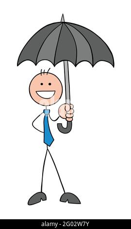Stickman businessman character holding umbrella and happy, vector cartoon illustration. Black outlined and colored. Stock Vector