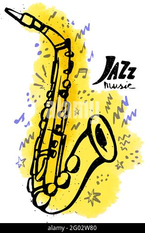 Hand-drawn saxophone. Jazz music concept. Ink style vector illustration with a yellow watercolor stain on white background Stock Vector