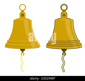 shiny metal ship bell on mount. Ringing bell on boat. Colored vector in cartoon style Stock Vector