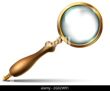 realistic vector vintage magnifying glass with golden details and wooden handle. Isolated icon illustration on white background. Stock Vector