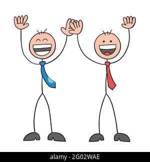 Stickman businessman characters raise their hands up and they are very happy, vector cartoon illustration. Black outlined and colored. Stock Vector