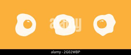 Three scrambled eggs on a yellow background. Vector banner with flat fried eggs. Stock Vector